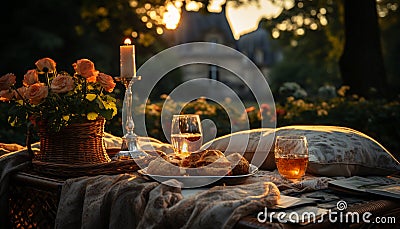 A rustic picnic table, wine, and bread in nature generated by AI Stock Photo