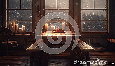 Rustic plank flooring illuminates modern living room in winter night generated by AI Stock Photo