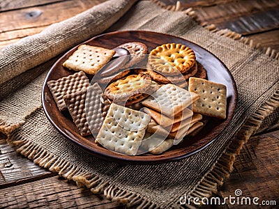 A rustic plate of assorted crackers on burlap cloth atop a wooden table setting. Generative AI Stock Photo