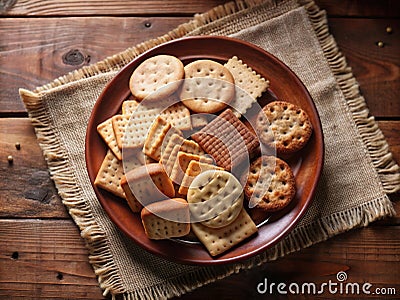 A rustic plate of assorted crackers displayed on burlap cloth atop a wooden table. Generative AI Stock Photo
