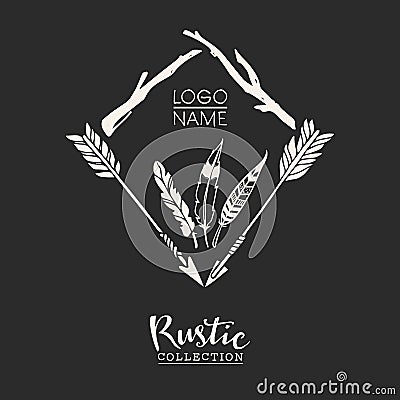 Rustic premade typographic logo with arrows, branches and feathers Vector Illustration