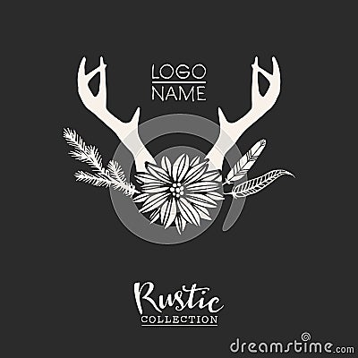Rustic premade typographic logo with flowers, branches, antlers and feathers. Vector Illustration