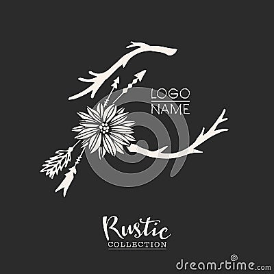 Rustic premade typographic logo with flowers, branches and arrows. Vector Illustration