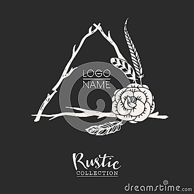 Rustic premade typographic logo with flowers, branches and feathers Vector Illustration