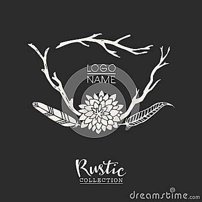 Rustic premade typographic logo with flowers, branches and feathers Vector Illustration