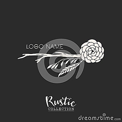 Rustic premade typographic logo with flowers, branches and feathers. Vector Illustration