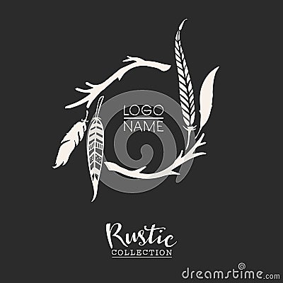 Rustic premade typographic logo template with branches and feather Vector Illustration