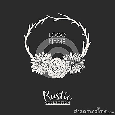 Rustic premade typographic logo template with flowers and branches Vector Illustration