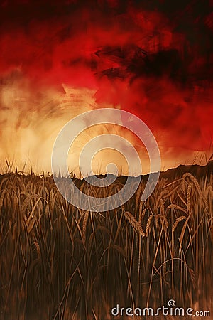 Rustic Rapture: A Fiery Sunset Over Enormous Fields of Golden Wh Stock Photo