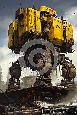 Rustic Remnants: The Urban Guardian - A Massive Yellow Robot on Stock Photo