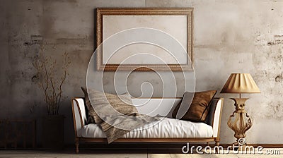 Rustic Renaissance Realism: White Couch With Brown Wall Stock Photo