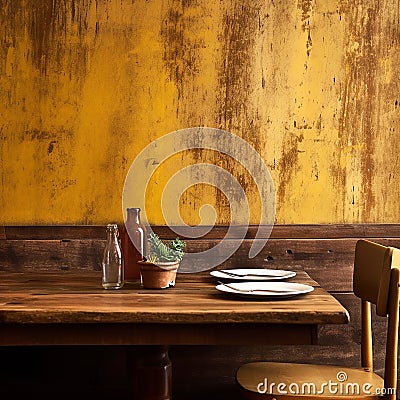 Rustic restaurant table setting with yellow ruined wall and empty dishes Stock Photo
