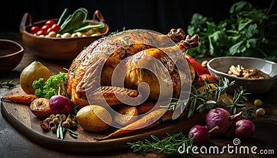 Rustic roast dinner grilled turkey, organic vegetables, and homemade herbs generated by AI Stock Photo