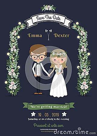 Rustic romantic cartoon couple wedding card Vector Illustration