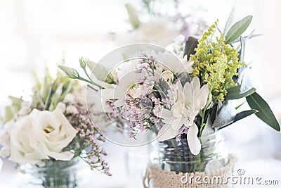 Rustic romantic pastel flower arrangement decoration detail on w Stock Photo