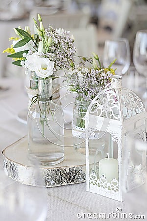 Rustic romantic pastel flower arrangement decoration detail on w Stock Photo