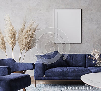 Rustic room design with dark blue sofa and dried flowers on gray interior background Stock Photo