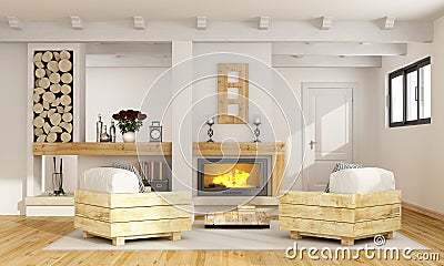 Rustic room with fireplace Stock Photo