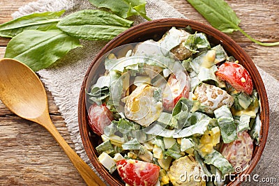 Rustic salad of boiled eggs, potatoes, tomatoes and fresh herbs seasoned with yogurt close-up in a bowl. Horizontal top view Stock Photo