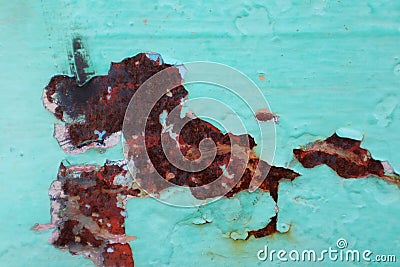 Rustic the side of the old green car Rust holes on the painted metal surface, old, worn, old cars Stock Photo