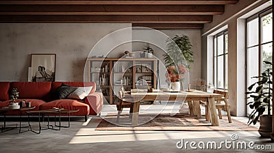 Rustic Simplicity: Vray Tracing Living Room With Large Red Wood Sofa Stock Photo
