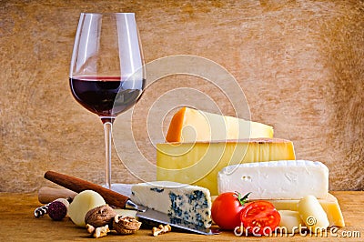 Rustic snack with cheese and wine Stock Photo