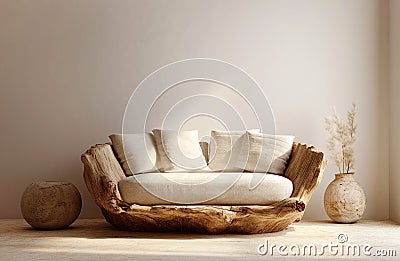 Rustic sofa made from solid wood tree trunk and side table near beige stucco wall with abstract clay or stone wall decor. Interior Stock Photo