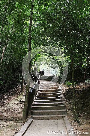 Rustic stairs climbing Erawan Falls, tropical forest in Kanchanaburi province, Thailand. Stock Photo