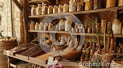 A rustic stall selling traditional blends of es and herbs handcrafted by local artisans and steeped in centuries of Stock Photo