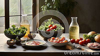 Rustic still life with fresh tomatoes, artisan cheese, and aromatic herbs on vintage wooden table Stock Photo