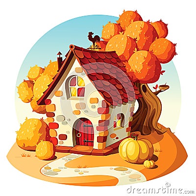 Rustic stone house. Autumn landscape. Vector Illustration