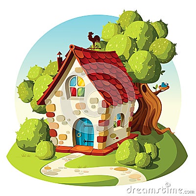 Rustic stone house. Summer landscape. Vector Illustration