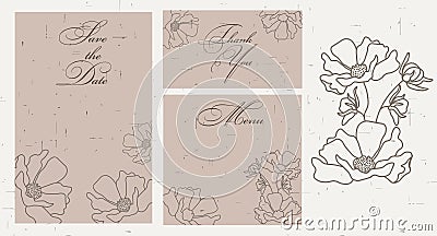 Rustic style wedding invitation template with flowers outline. Save the date. Menu. Thank you. Calligraphy, posters Vector Illustration