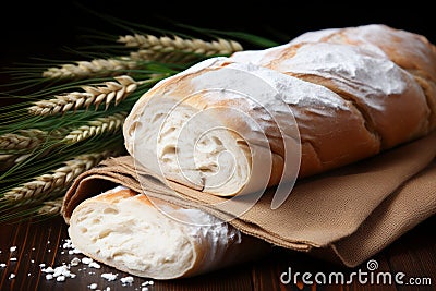 Rustic table setting with freshly baked bread and sheaves of wheat, vintage country decoration Stock Photo