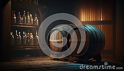 Rustic traditional cellar with barrels for wine storage Stock Photo