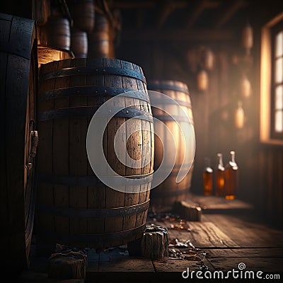 Rustic traditional cellar with barrels for wine storage Stock Photo