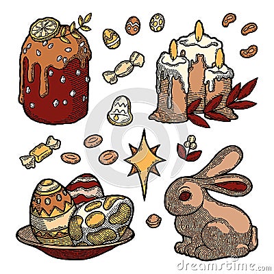 Rustic Traditional Colored Easter Cake Set. Russian and European Christianity Bakery Kulich drawn in Boho Style. Painted Vector Illustration