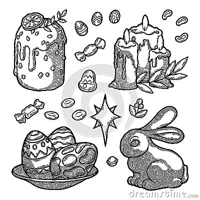 Rustic Traditional Easter Cake Monochrome Etched Set in Engraving Style. Russian Christianity Bakery Kulich drawn in Vector Illustration