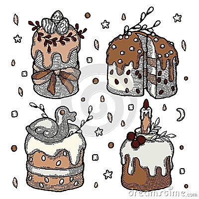 Rustic Traditional Easter Cake Set. Russian and European Christianity Bakery Kulich drawn in Boho Style. Colored Egg Vector Illustration