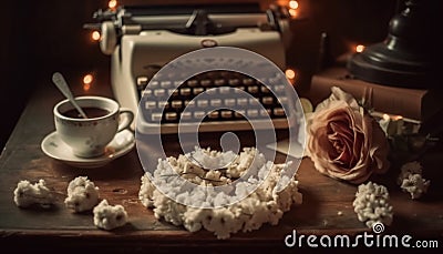 Rustic typewriter desk, old fashioned paper, nostalgia and memories fill space generated by AI Stock Photo