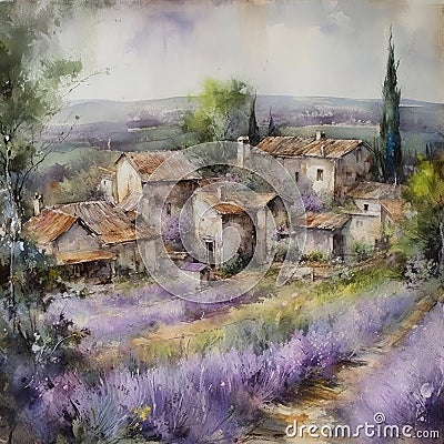 Lavender fields in a rustic village Stock Photo