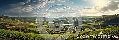 Rustic Vineyard Stretching Across Rolling Hills, Perfect For Wine Themes Stock Photo