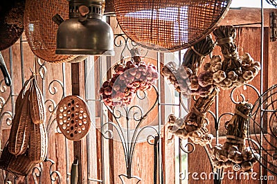 Rustic vintage kitchen window in country house interior decoration for Thai style house with dried food ingredient Stock Photo