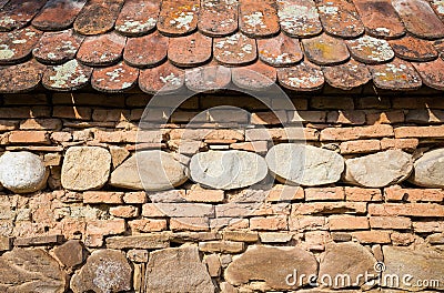 Rustic wall with layers of different comstruction materials Stock Photo