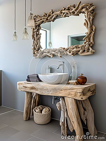 Rustic washstand made from solid wood logs. Interior design of modern eco bathroom. Created with generative AI Stock Photo