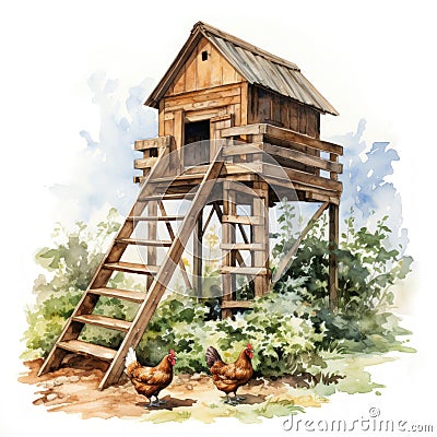 Rustic Watercolor Chicken Coop with Handmade Wooden Ladder AI Generated Cartoon Illustration