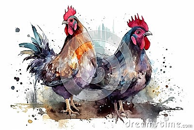 Rustic watercolor chickens with earthy tones and natural elements Stock Photo