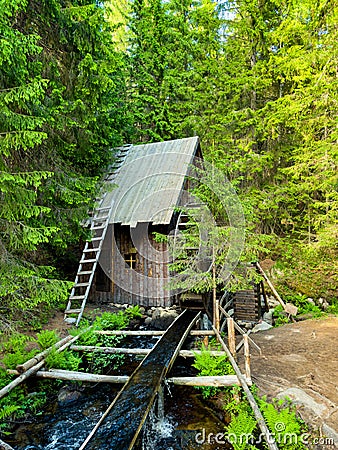 Rustic Watermill in the Forest Stock Photo