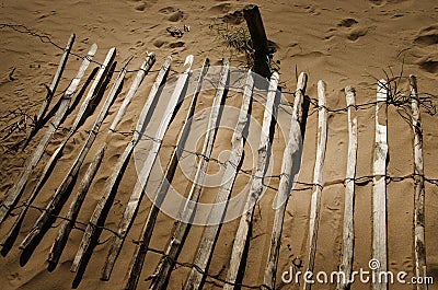 Rustic and weathered fence in front of sand dune on sandy sea beach Crosby England Europ Stock Photo