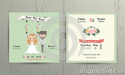 Rustic wedding cartoon bride and groom couple invitation card Vector Illustration